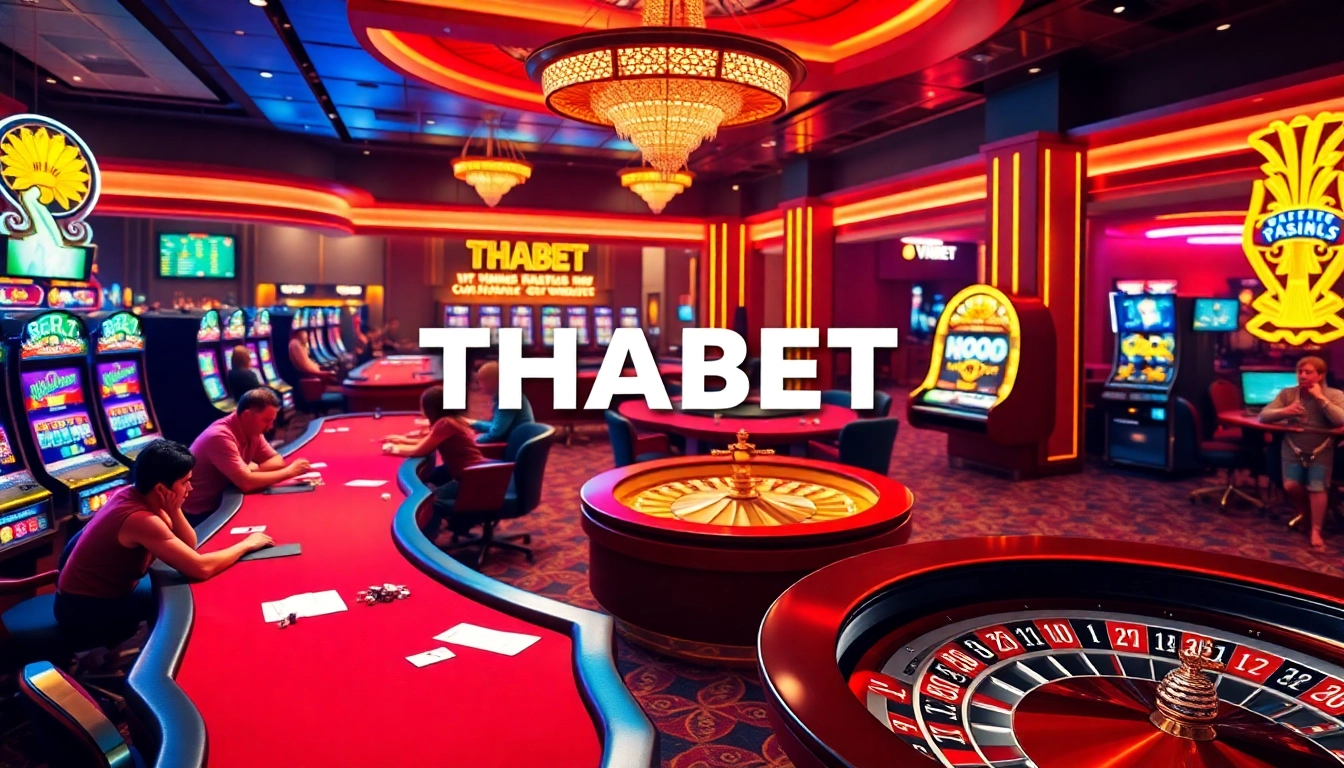 THABET casino scene showcasing vibrant poker tables and exciting roulette wheels.