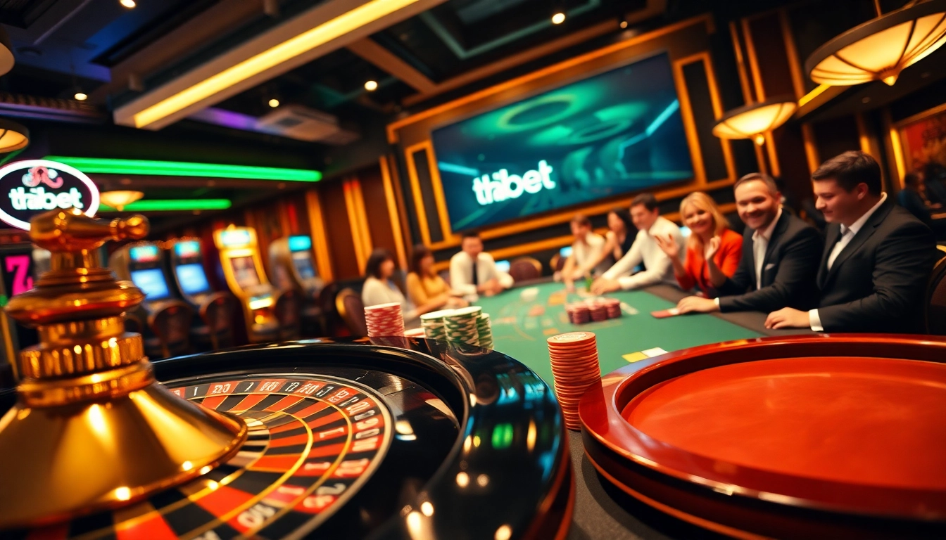 Exciting casino action featuring Tha bet logo with poker chips and roulette wheel