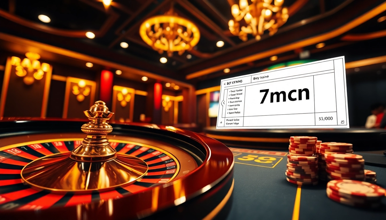 Exciting online gambling scene featuring 7mcn with roulette wheel and poker chips.