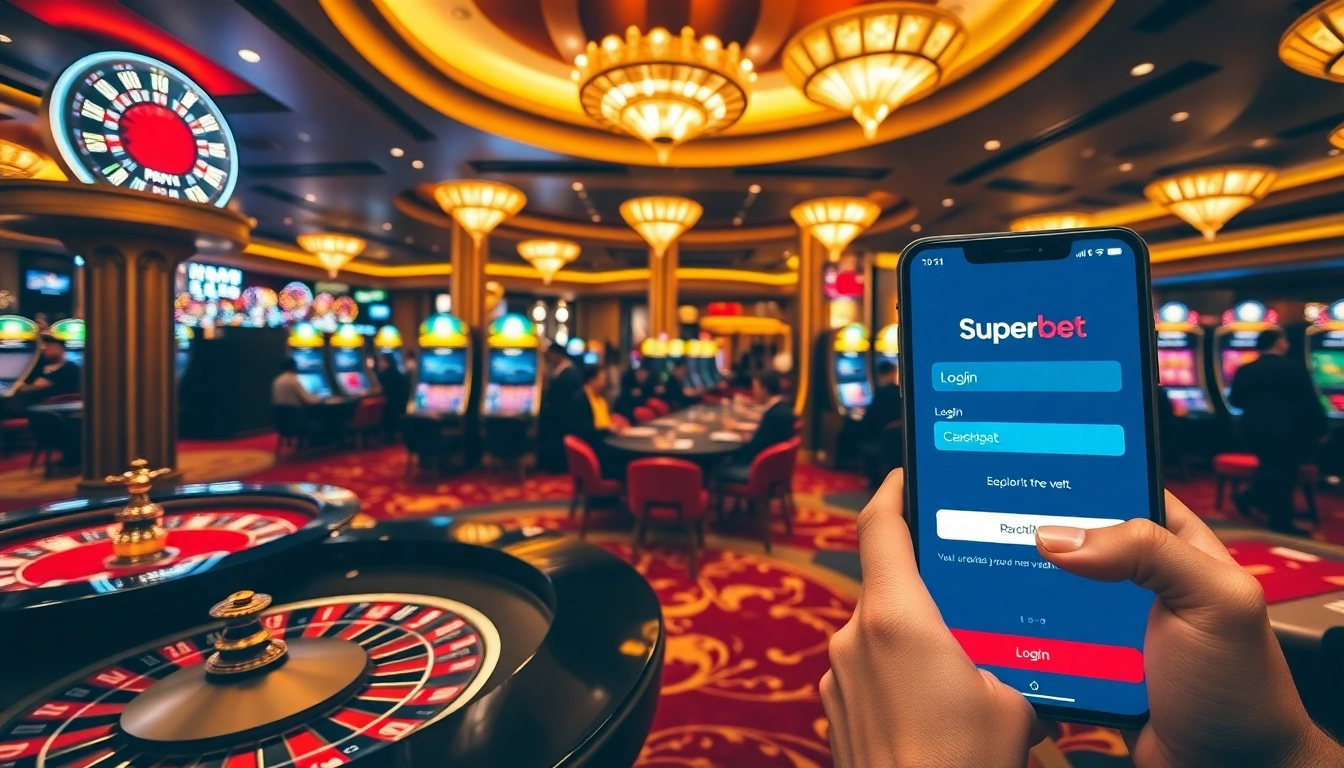 Superbet Login interface displayed in a luxurious casino environment with poker games and vibrant slot machines.