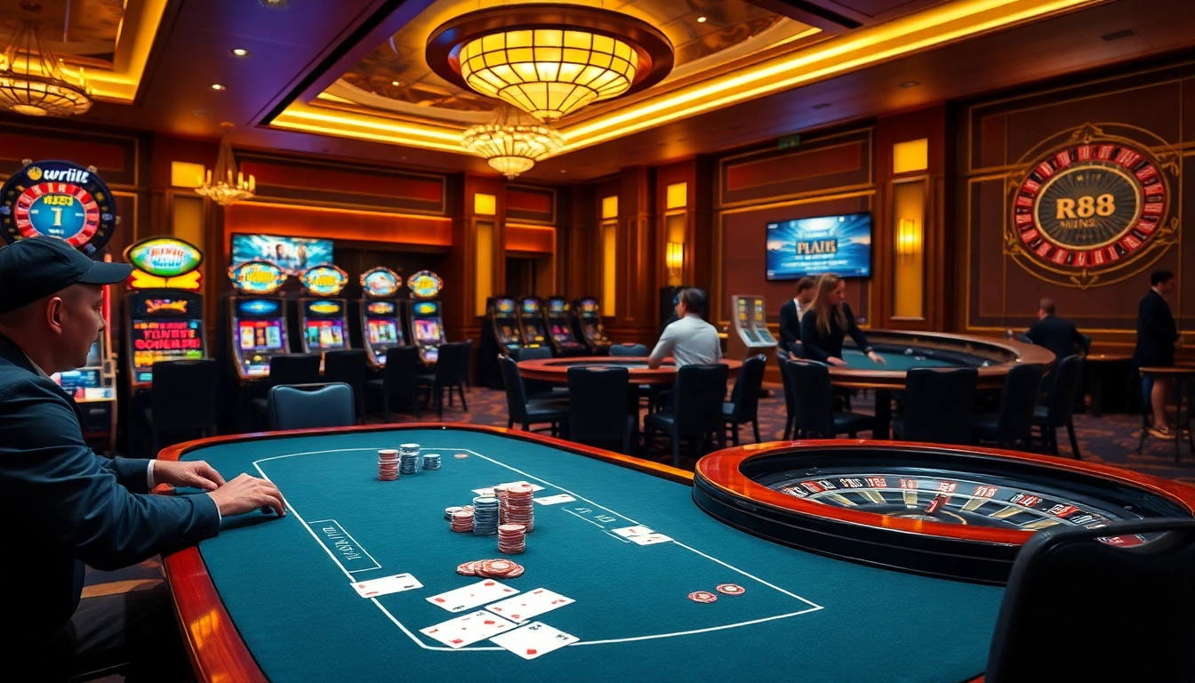 Engage with excitement at trang chủ rr88, featuring vibrant casino tables and a spinning roulette wheel.