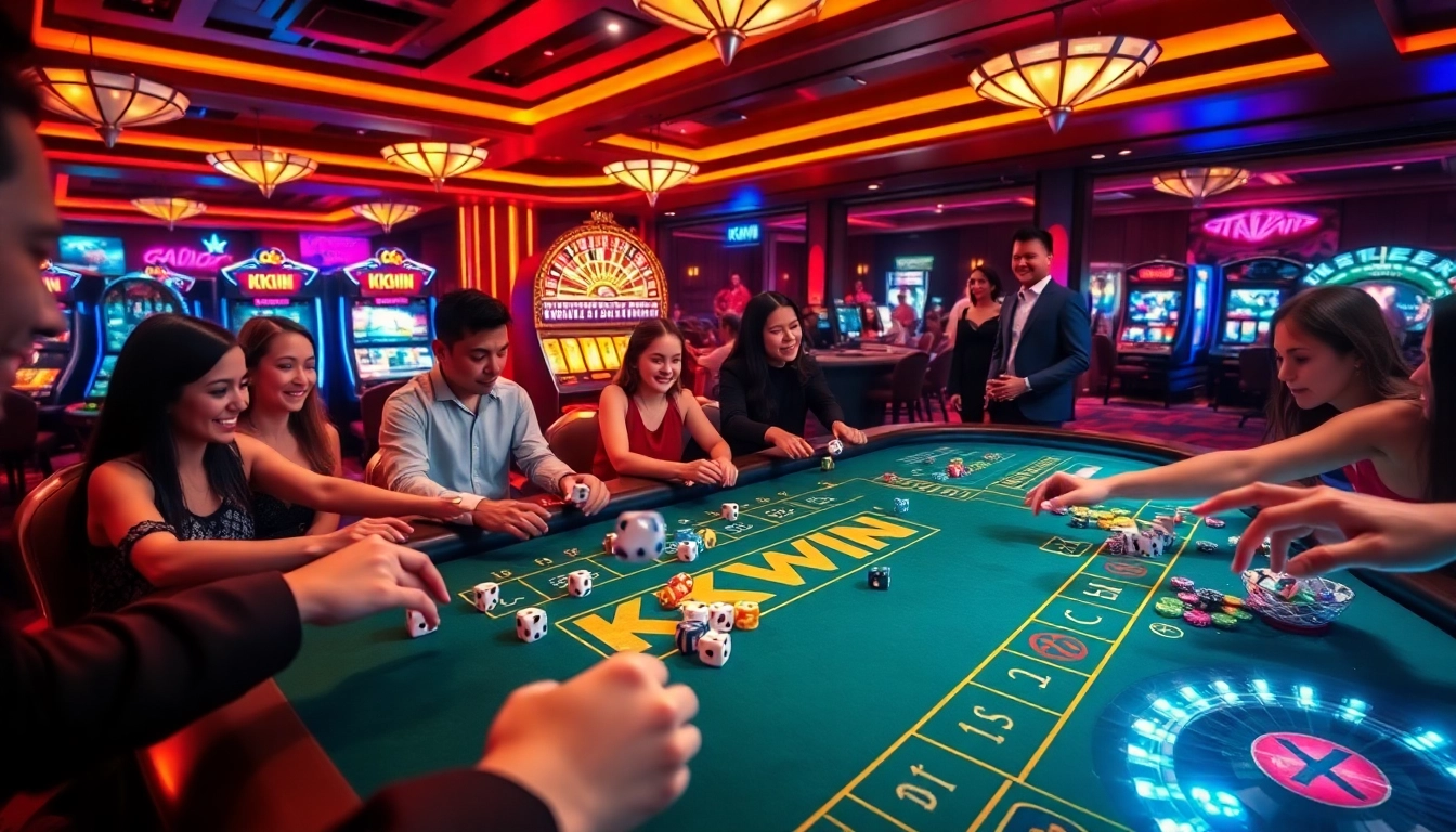 Experience thrilling gameplay at a KKWIN casino table with vibrant neon lights and engaging players.