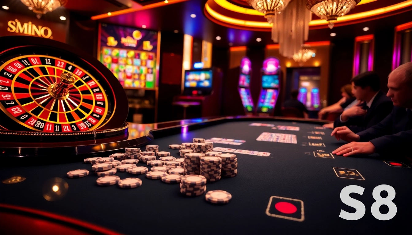 Experience the thrill of gaming with S8's exciting casino atmosphere featuring poker chips and roulette.