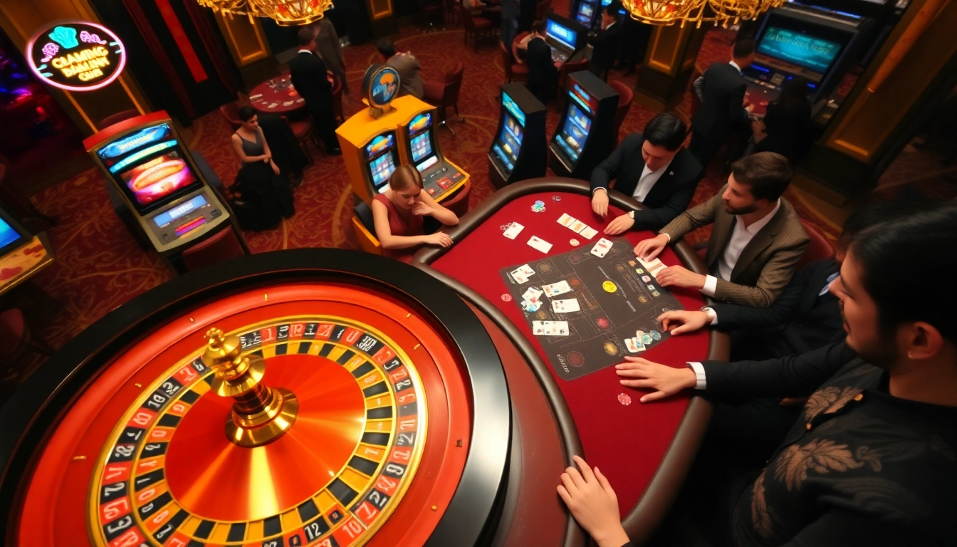 Experience the thrilling atmosphere of Liên Minh KJC with poker tables and roulette wheels.
