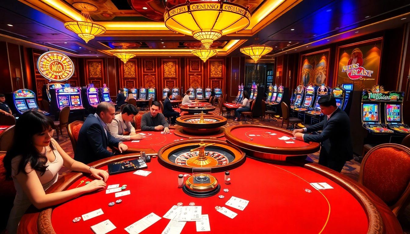 MM88 players enjoying a vibrant casino experience with poker, roulette, and slot machines.