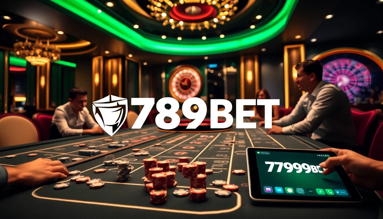 Players enjoying a thrilling game at 789BET's modern casino setup with high-quality tables and chips.