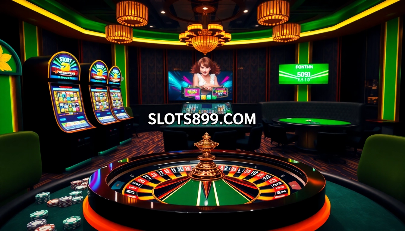 SLOTS899.COM showcases vibrant online slots in an elegant casino ambiance.