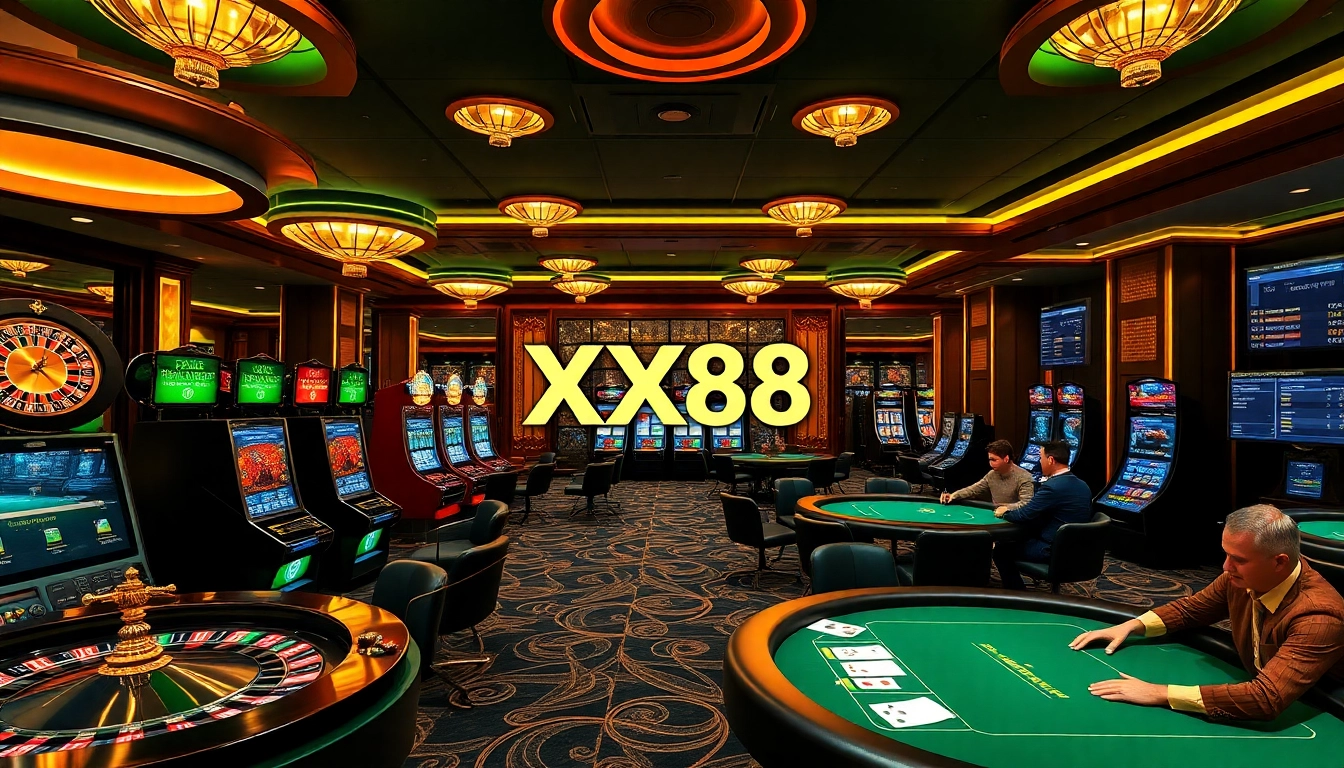 Experience thrilling gameplay with XX88 casino games, showcasing vibrant slots, poker, and roulette.