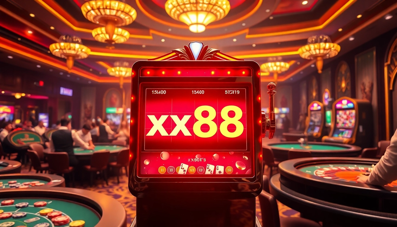 Experience thrill and excitement at an xx88 casino slot machine amidst vibrant gaming elements.