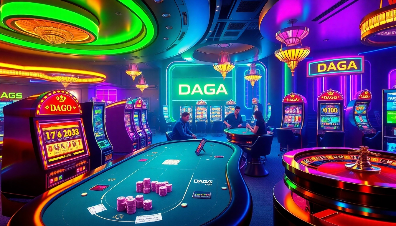 DAGA provides an engaging online gambling experience with dynamic poker tables and glowing slot machines.
