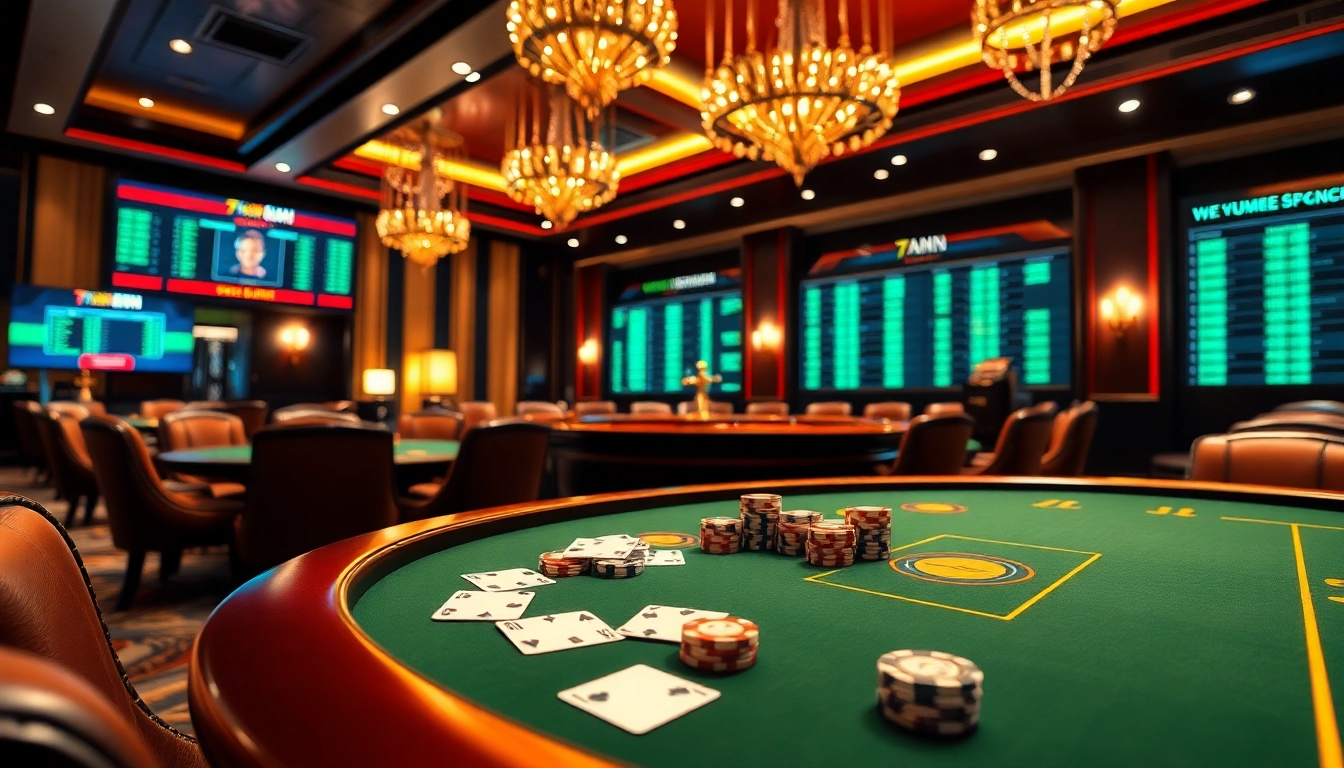 Players engaged in intense betting on 7mcn live scores at an elegant casino table.