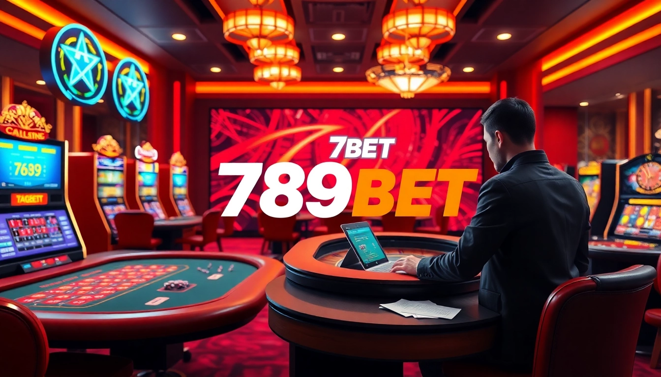 Exciting online gambling scene featuring 789BET logo with casino tables and live dealers.