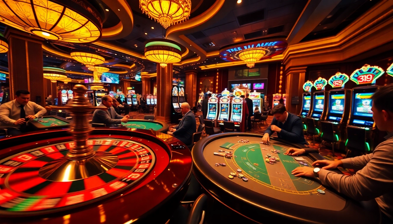 Experience thrilling action at https://54bett.com.br with vibrant casino games, chips, and players engaged in high-stakes gambling.