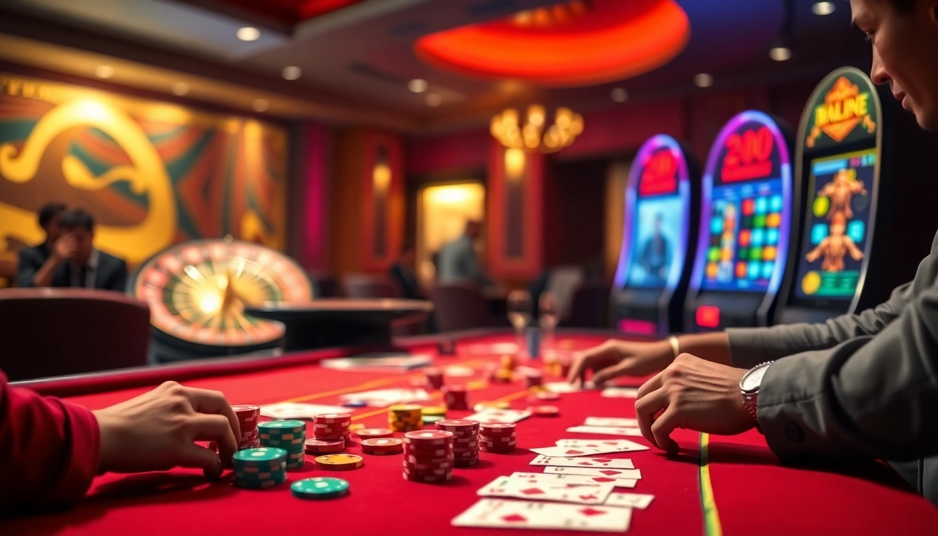 Intense gambling action at KJC casino with poker chips, cards, and roulette.