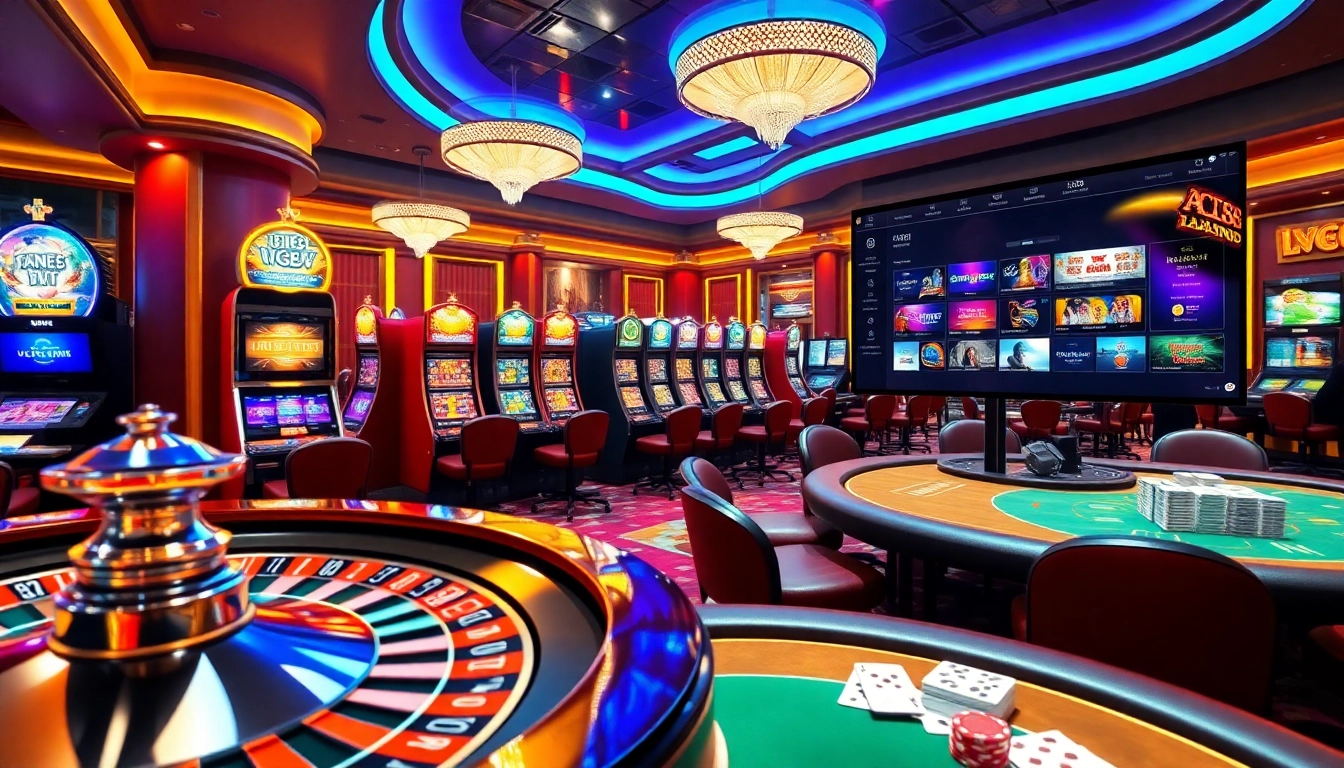 Engage with exciting games at LC88, showcasing a vibrant casino atmosphere with roulette and slots.