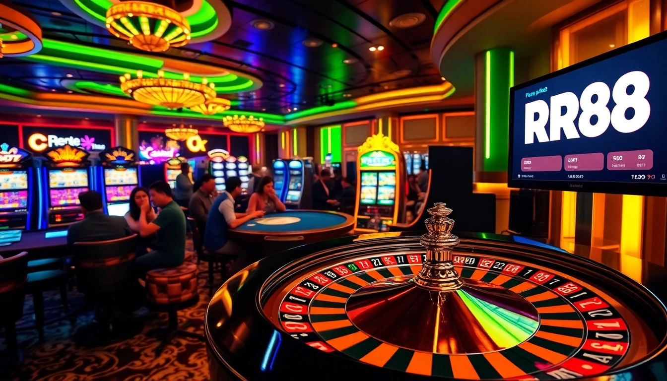 Experience the thrill of RR88 with players at a lively casino scene featuring roulette and poker.