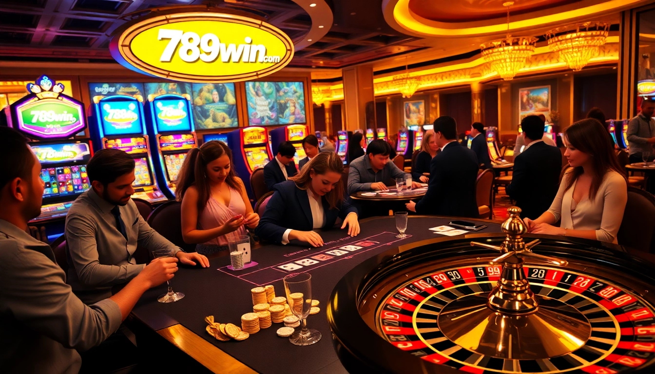 Players enjoying card games and roulette at a luxurious casino scene featuring 789win com.