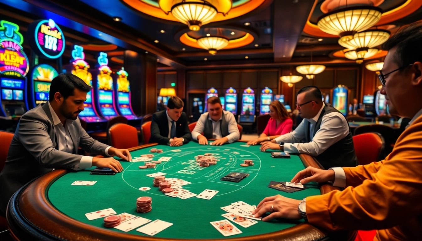 Intense blackjack action at a stylish casino table featuring KJ C branding, surrounded by vibrant slot machines.