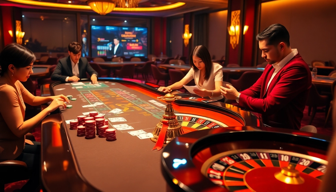 Engaged players at a luxurious casino table showcasing https://rr88.se.net/ poker and roulette action.