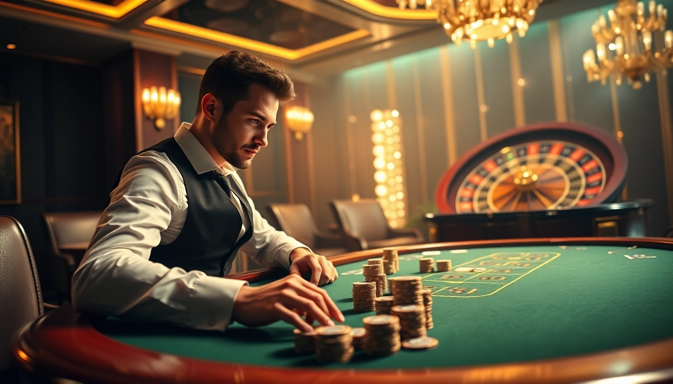 A player strategizes at an elegant poker table showcasing 98WIN's luxurious casino experience.