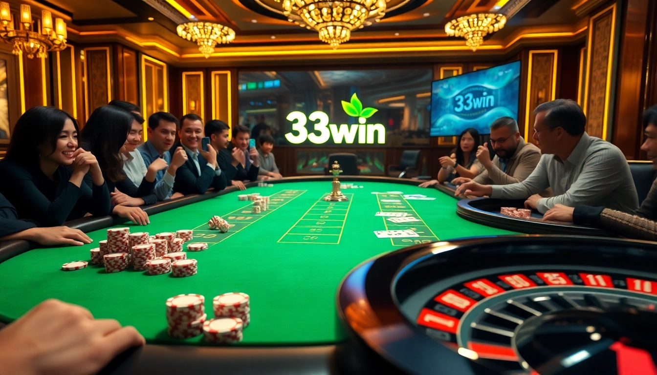 Experience the thrill of gambling at a luxurious 33win poker table with vibrant chips and cards.