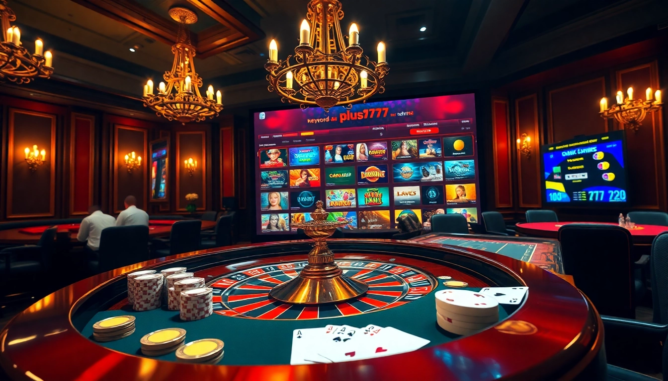 Experience thrill with plus777 in an elegant casino scene featuring roulette and poker games.