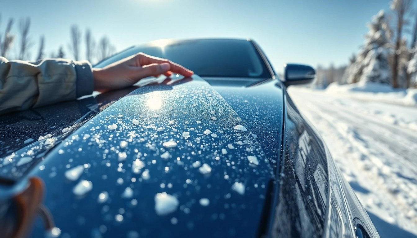 PPF winter road salt protection application on a car in a snowy environment.