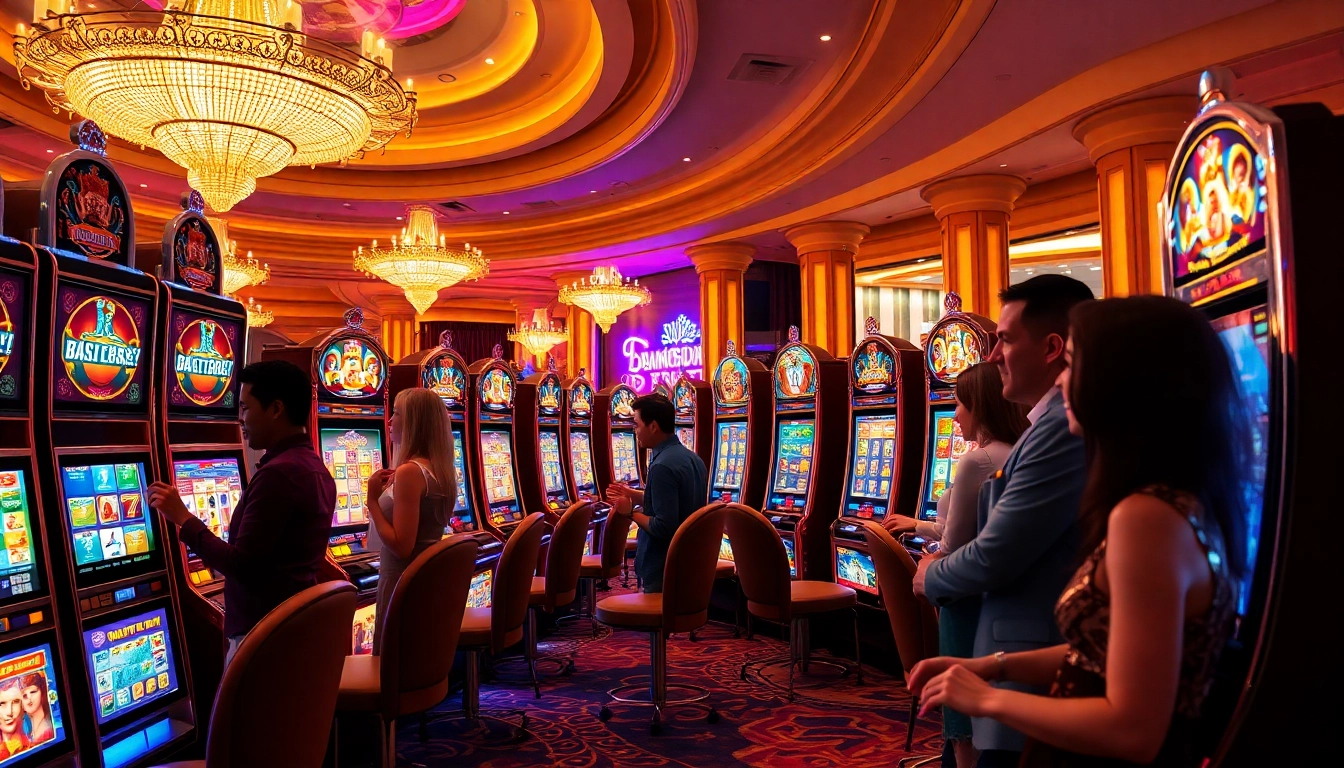 Excited players spinning vibrant slot machines in a luxurious casino setting.