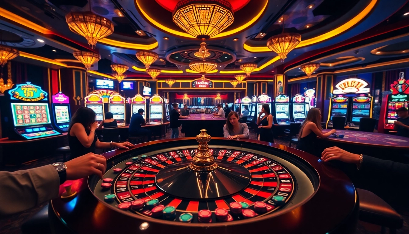 Experience the thrill of vn168 as players gamble around a glamorous roulette table in a vibrant casino.