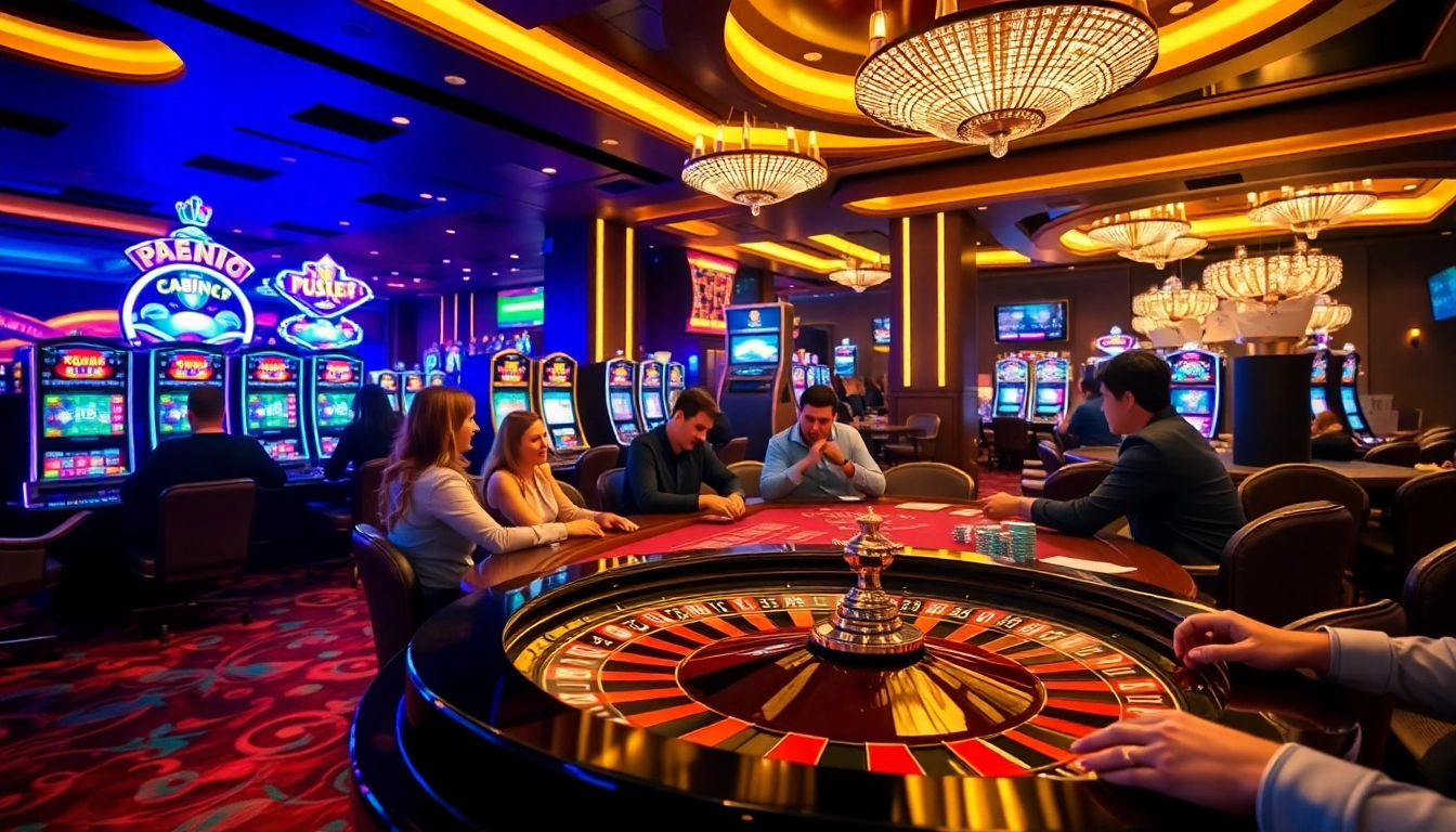 Players enjoying games at https://nk88net.com/ casino, featuring roulette, poker, and vibrant slot machines.