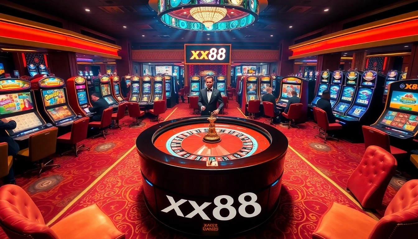 Casino scene with xx88 branding, featuring a luxurious roulette table and colorful slot machines.