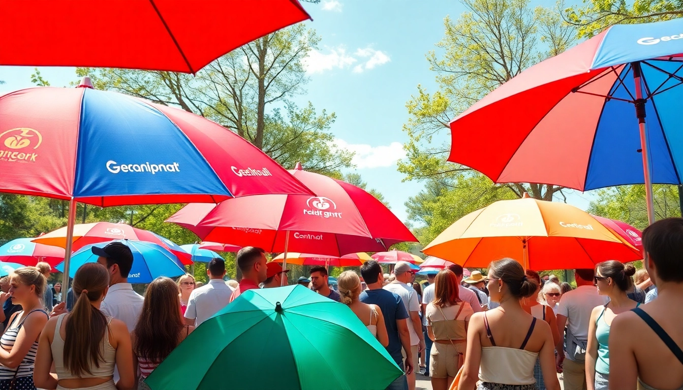 Asmeniniai skečiai su logotipu rodomi lauke renginyje.