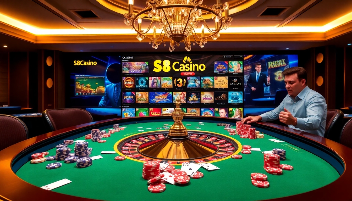 Players enjoying an exciting game at S8 Casino’s luxurious roulette table, showcasing vibrant chips and cards.