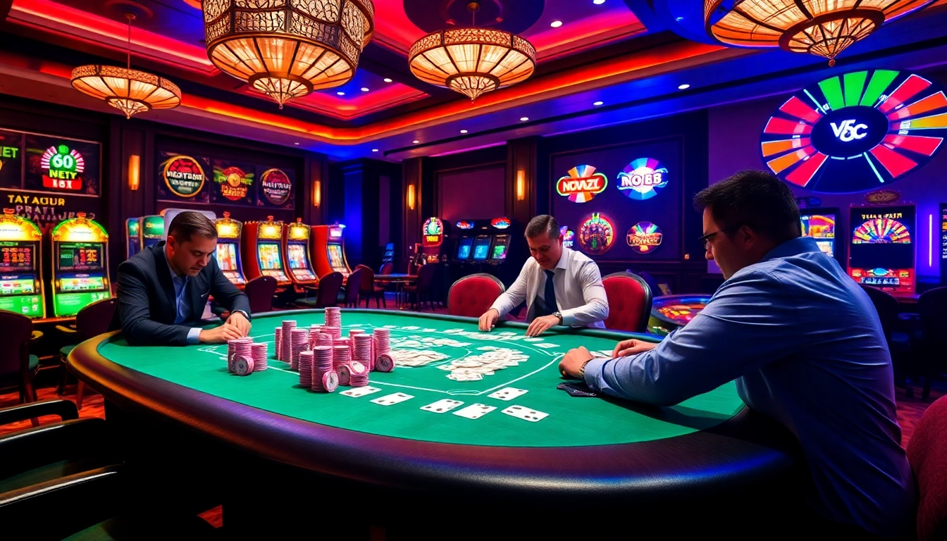 Engaged players at a nova88 poker table in a luxurious casino setting.