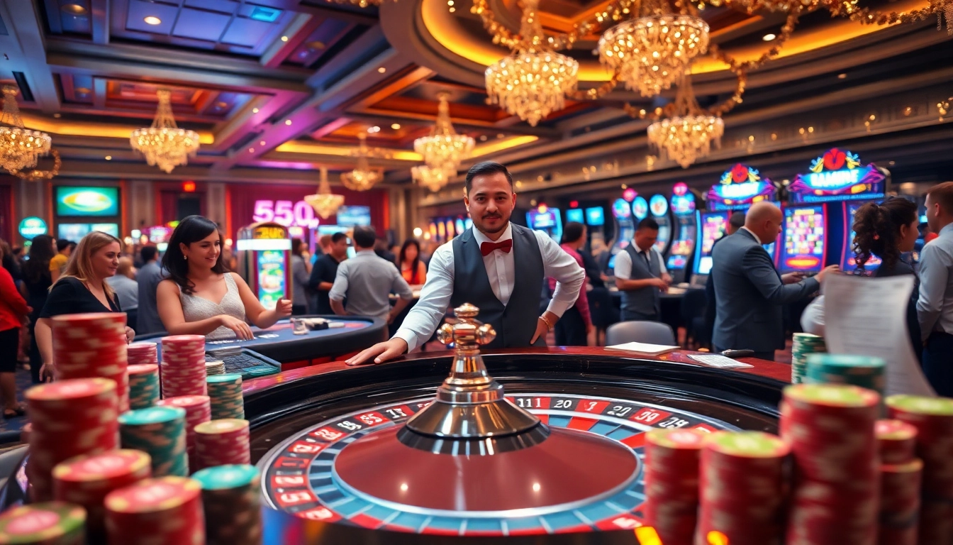 Players engaged in thrilling casino action at 555win, surrounded by vibrant poker chips and lively atmosphere.