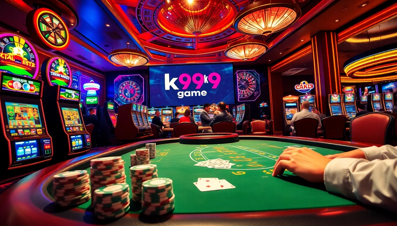 K9K9 game thrilling action at a luxury casino, featuring vibrant slot machines and poker tables.