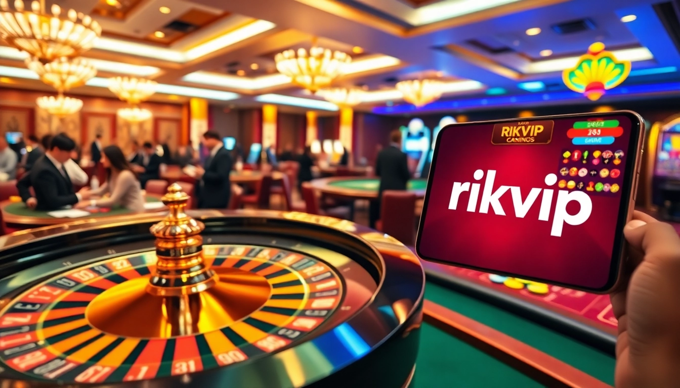 Engaging scene of a luxury casino with a roulette wheel and rikvip game interface