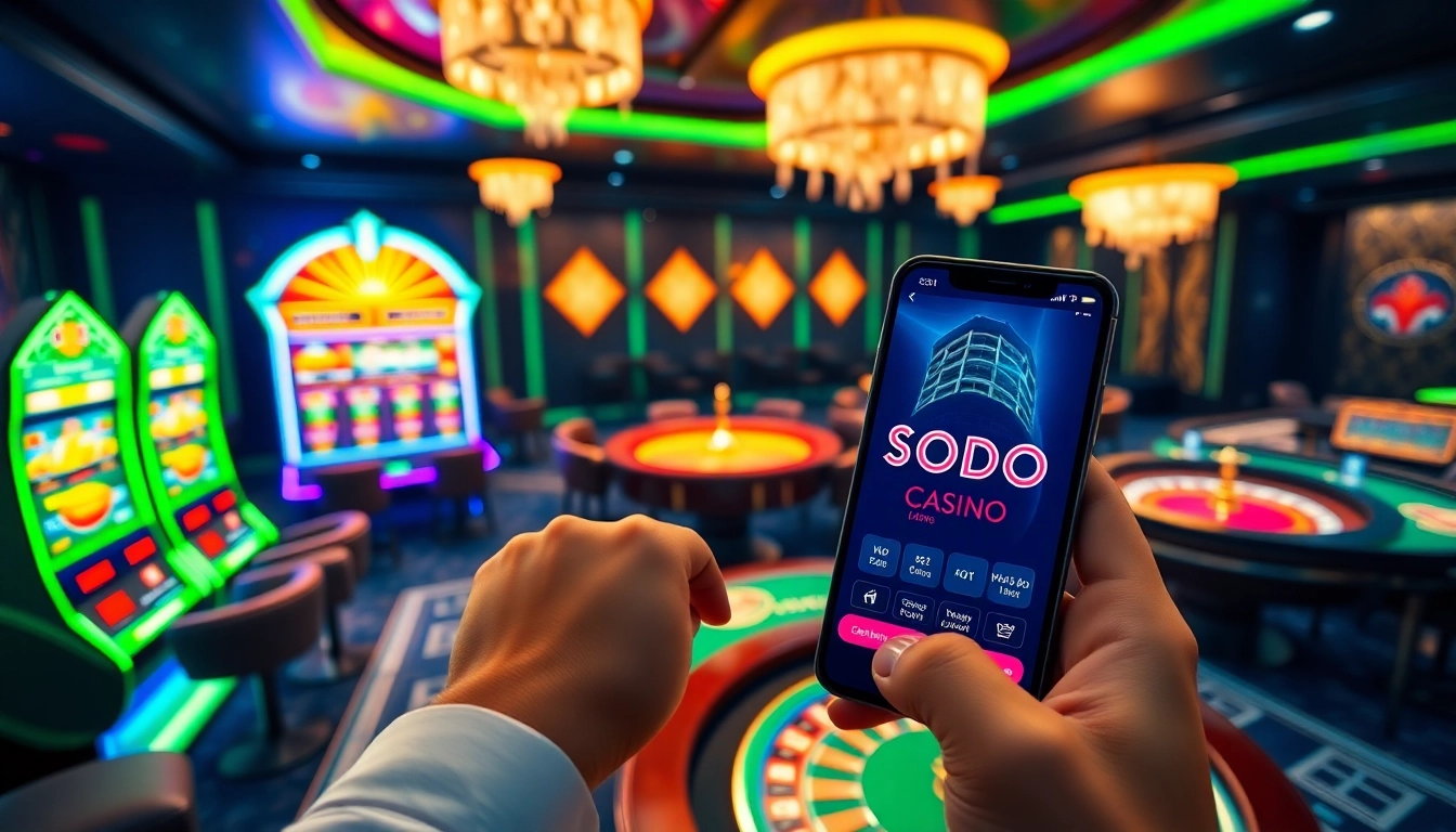 SODO Casino app showcased in a vibrant casino scene with poker chips and slot machines.