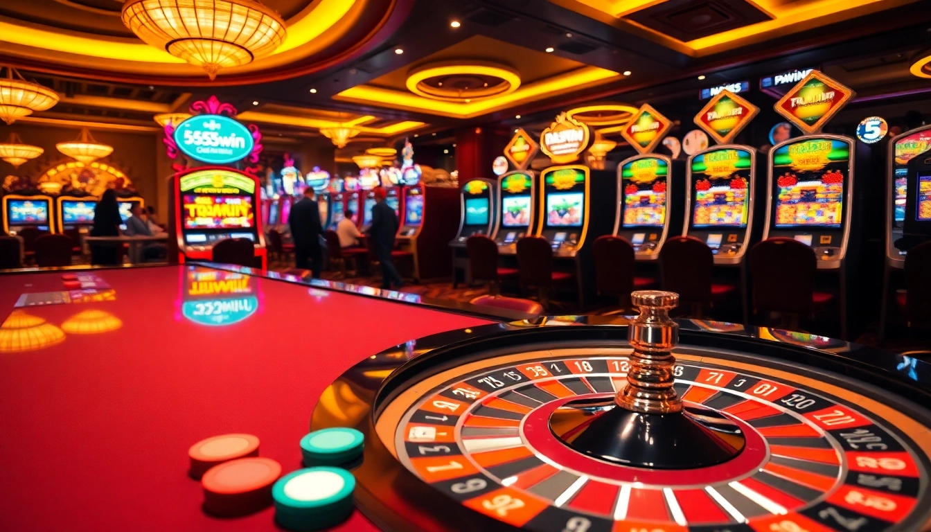 Experience the thrill of 555win at a bustling casino, featuring roulette, slots, and colorful gaming chips.