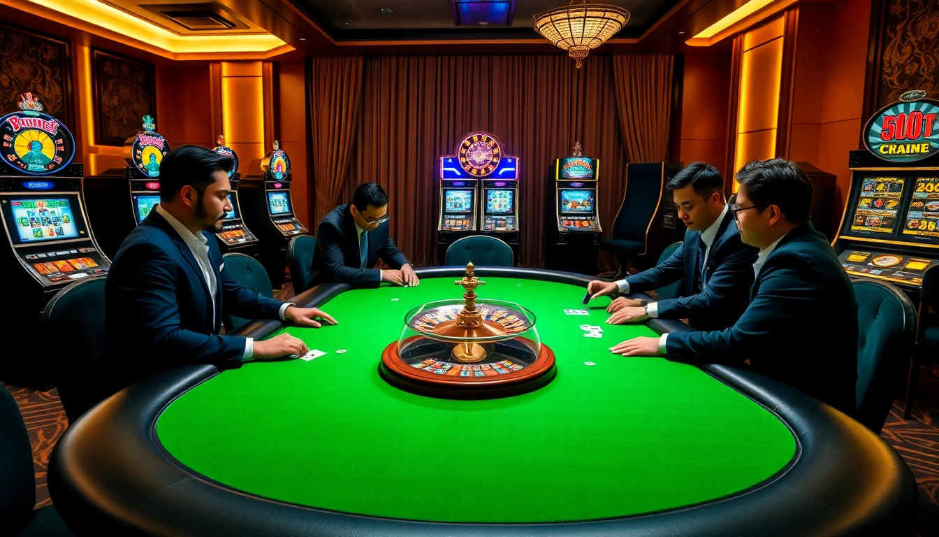 Experience vibrant gaming action at viral88 with a professional poker scene in a luxurious casino setting.