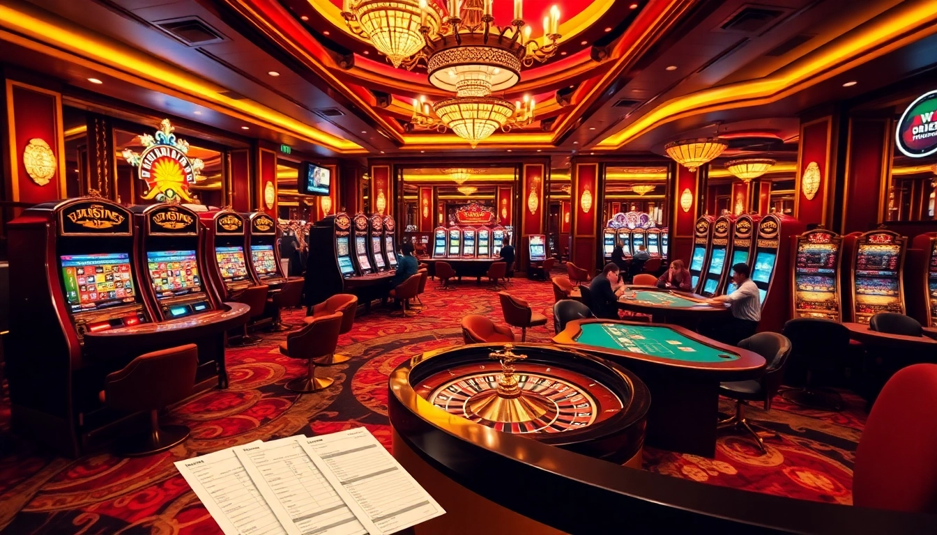 Experience the thrill of betting at https://f8bet.ventures/ in a luxurious casino scene featuring poker tables and roulette wheels.