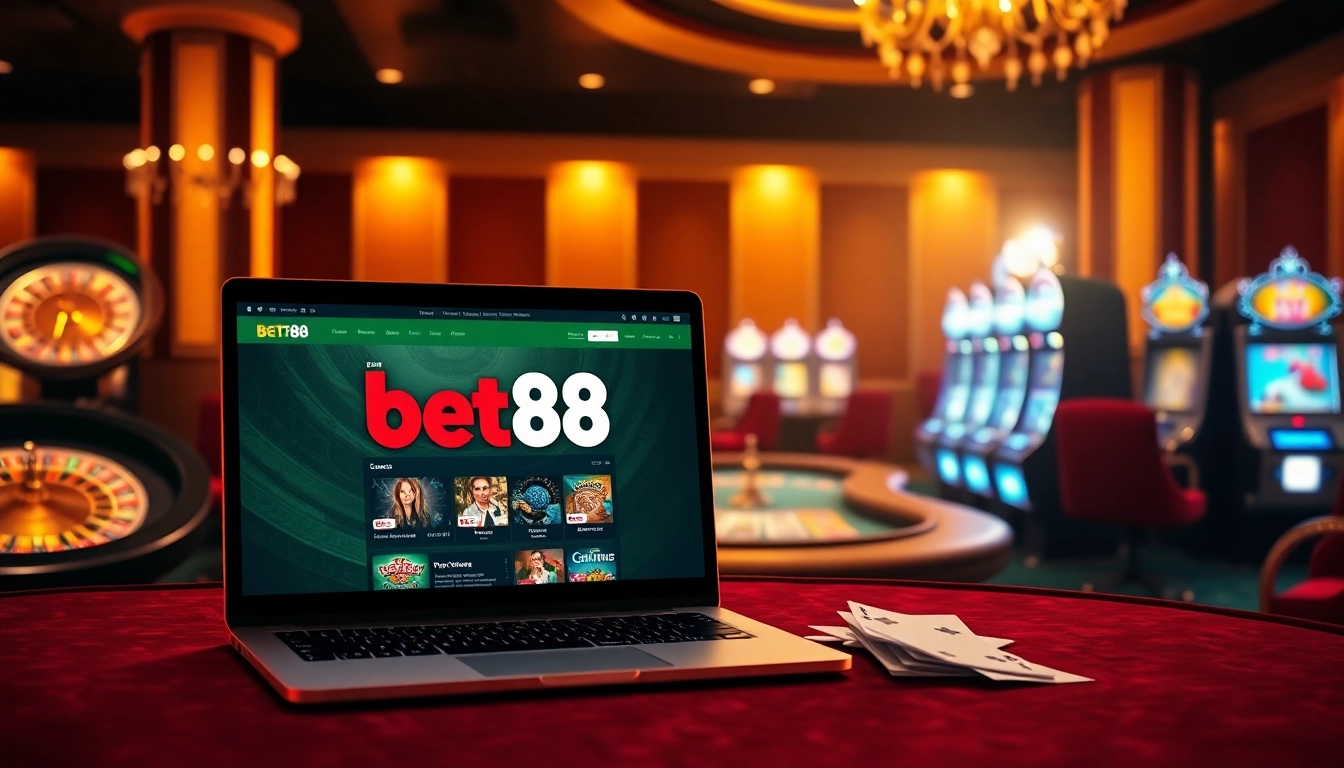 Bet88 online casino interface displayed on a laptop amidst luxurious casino elements, inviting gamblers.