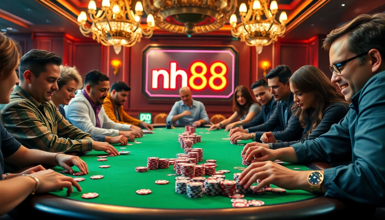 Players intensely focus on a poker game at nh88 casino table with vibrant chips and cards.
