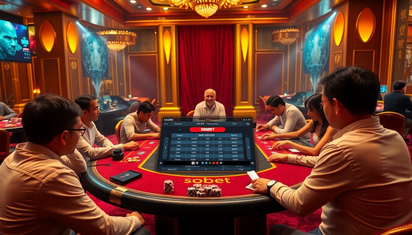 Engaged players placing bets on sbobet at a lively casino table, showcasing the excitement of Asian Handicap betting.