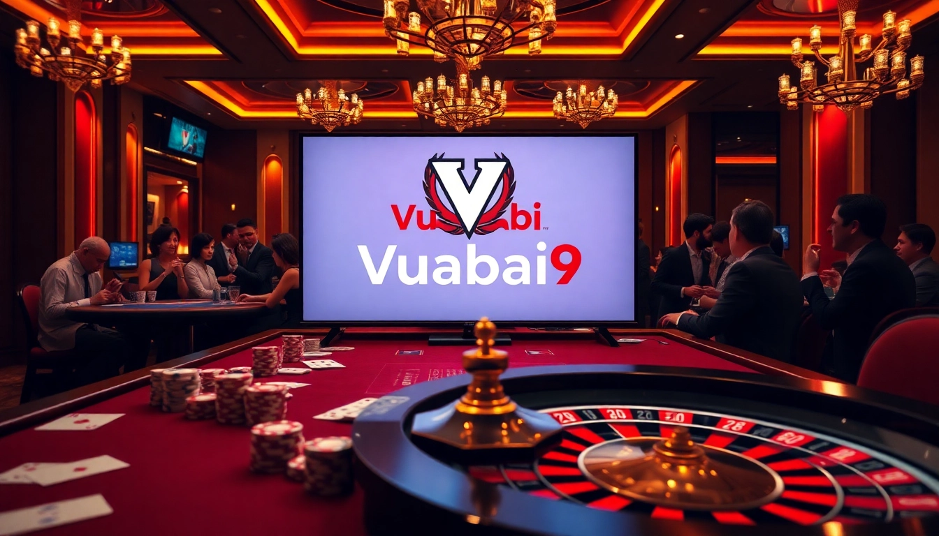 Players enjoying a thrilling game at Vuabai9 casino, showcasing vibrant poker chips and a roulette wheel.