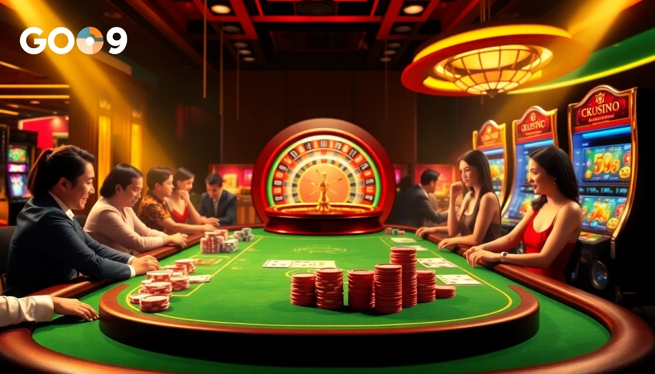 Experience the thrill at nhà cái GO99 with vibrant casino elements including poker chips and roulette.