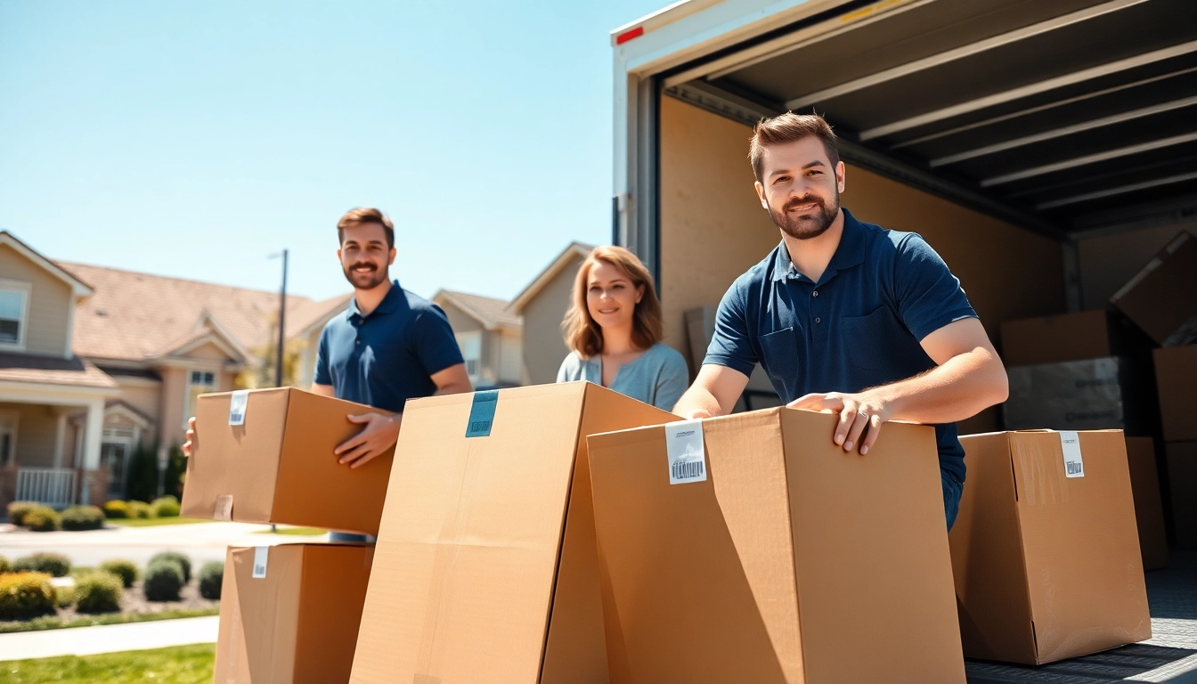 Residential Movers efficiently loading boxes into a truck in a sunny suburban neighborhood.