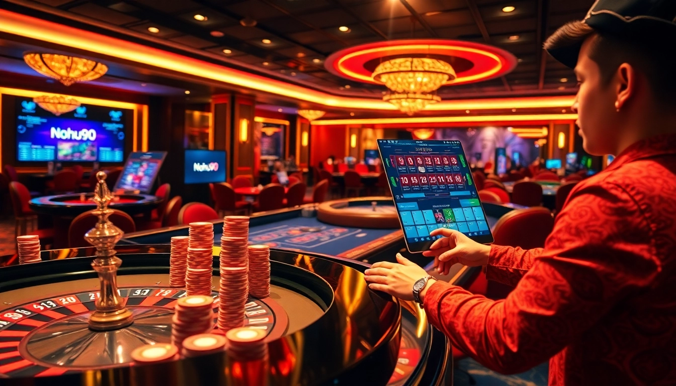 Engage with Nohu90's online casino by placing bets at an exciting roulette table with vibrant chips.