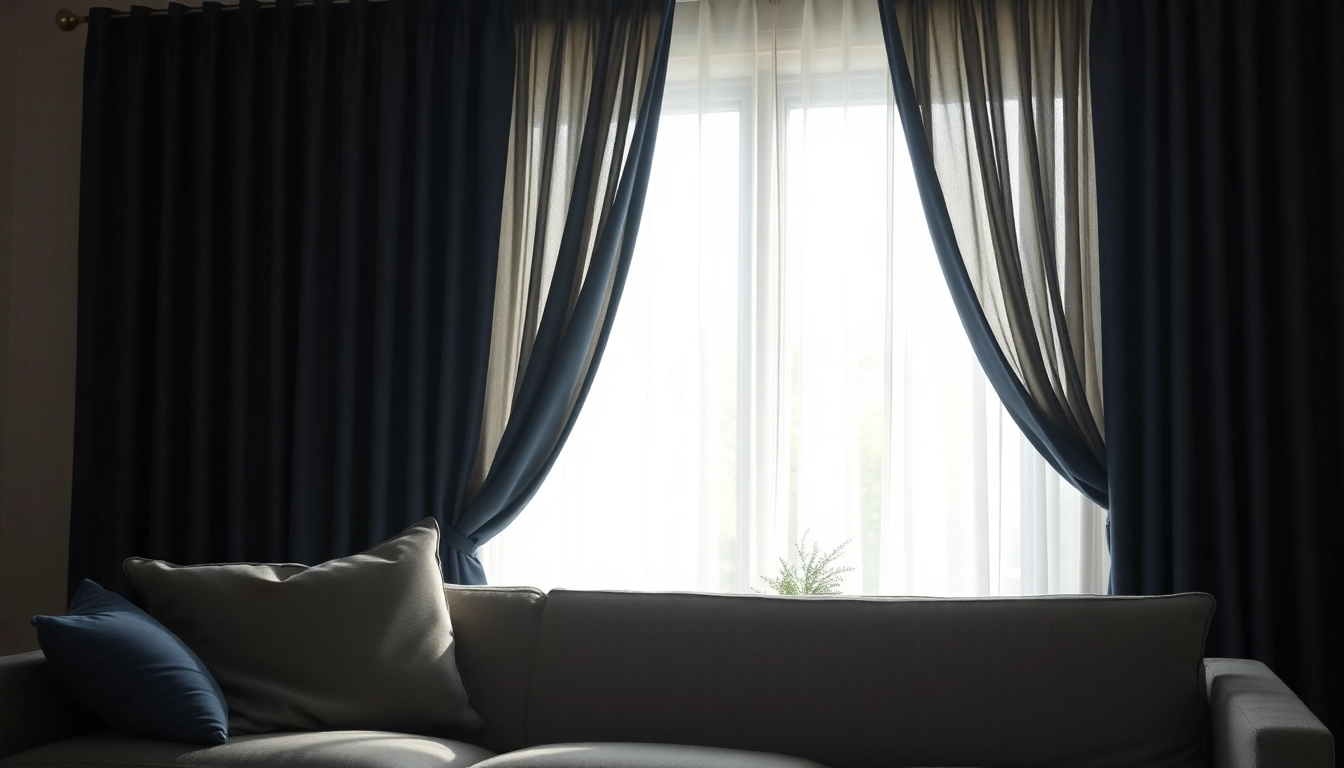 Verduisterende gordijnen creëren een serene sfeer in een stijlvolle woonkamer.