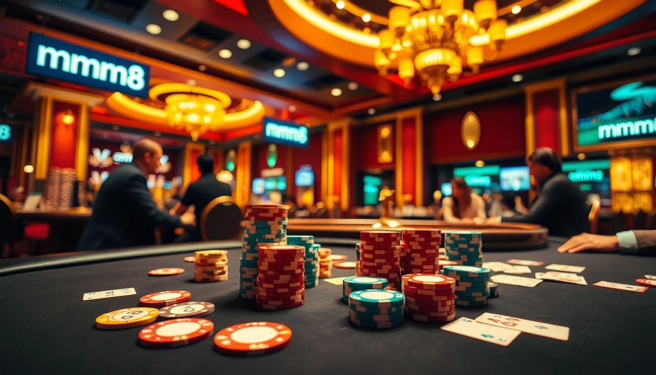 Experience the excitement of mm88 with a vibrant casino scene showcasing poker chips and cards.
